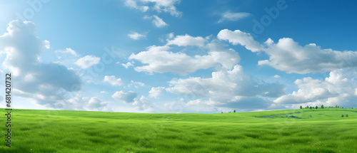 Green field with wildflowers and blue sky landscape background.
