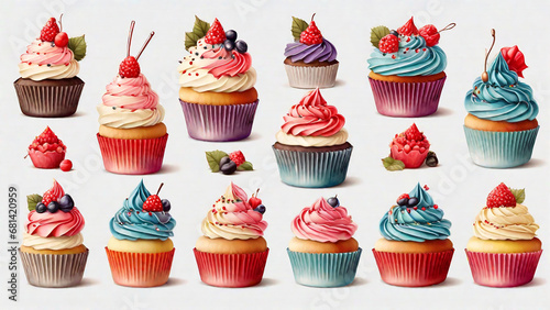 Cupcakes with berries on a light background. Vector illustration.