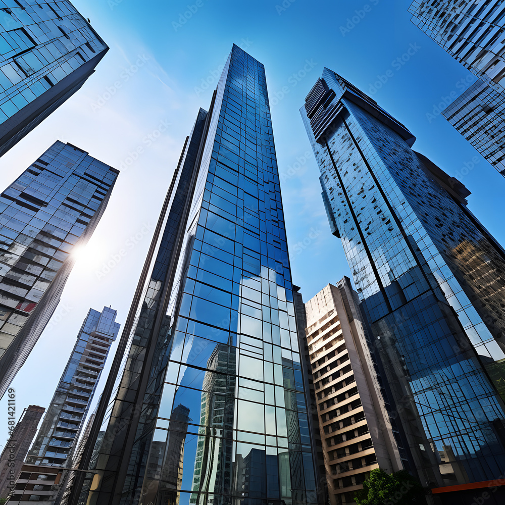 Obraz premium View of high rise glass building and dark steel window system on blue clear sky background,Business concept of future architecture
