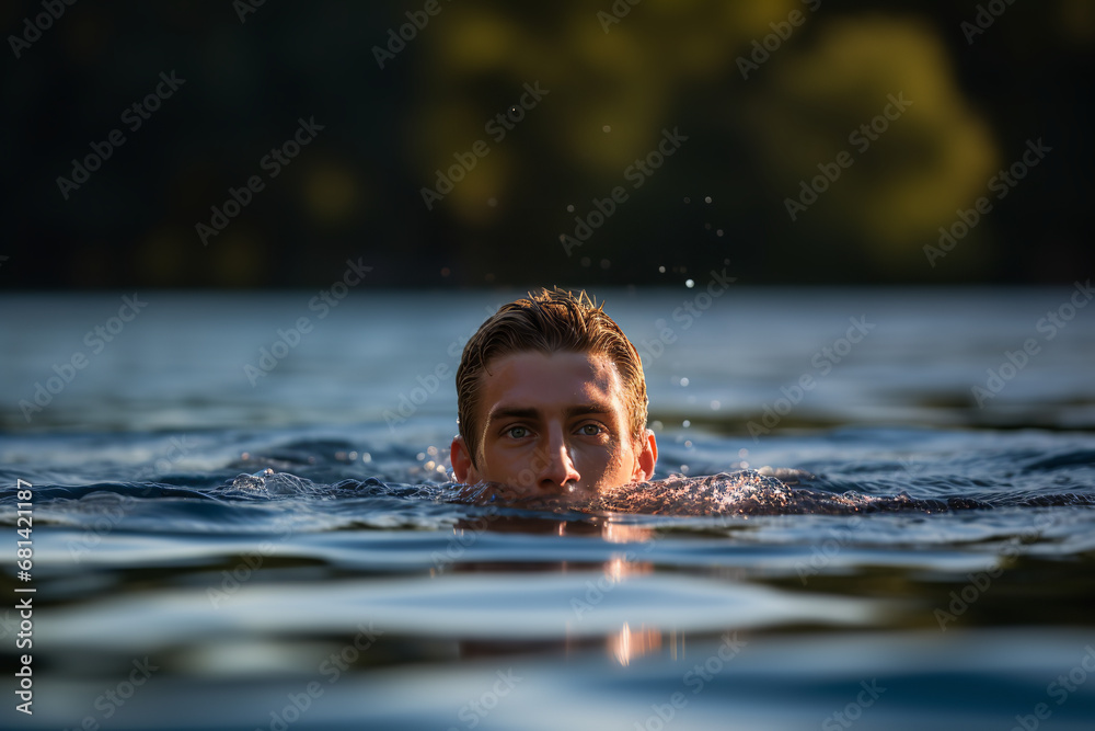 An athlete takes on the challenge of open water swimming, cutting through a calm lake surrounded by nature