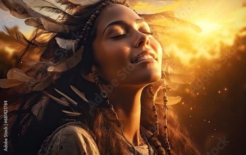 Free shaman woman in ecstasy, having trance and joy in nature, mystical emotion, intense feeling, divine grace, spiritual awakening, freedom sense