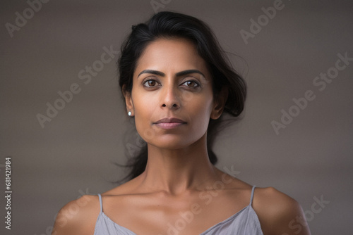 Portrait of a beautiful indian middle aged woman on a gray background.