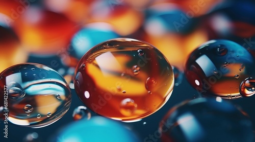 close-up portrait of water drops on colored marble floor, AI generated, background image
