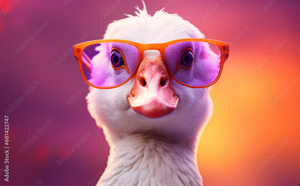 A funny, duck, goose, geese wearing pink glasses on a i