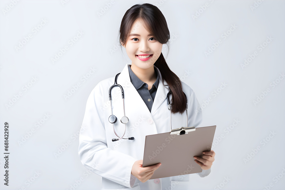 Female doctor wearing a gown.Hanging stethoscope and hold document filed. Female doctor wearing a gown.Hanging stethoscope and hold document filed.