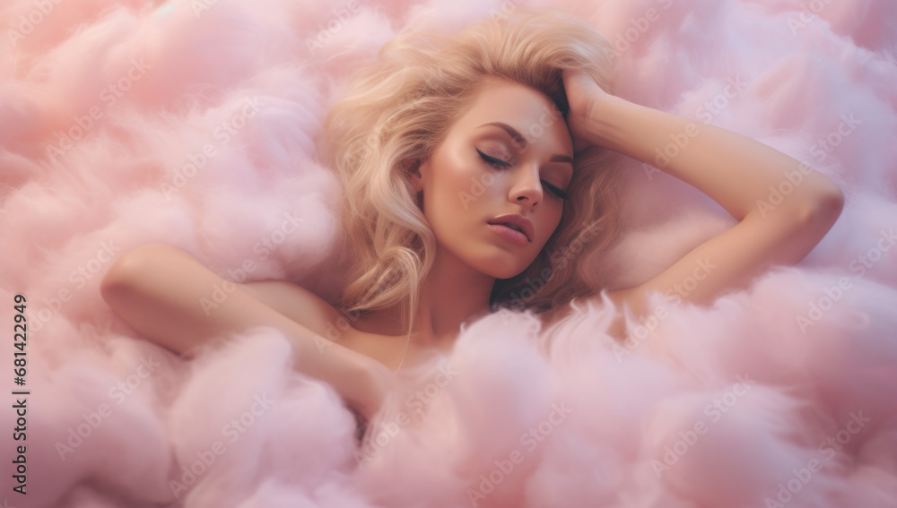 Beautiful blond haired woman laid on a bed of cotton candy, sweet dreams concept. Dreaming and comfort.