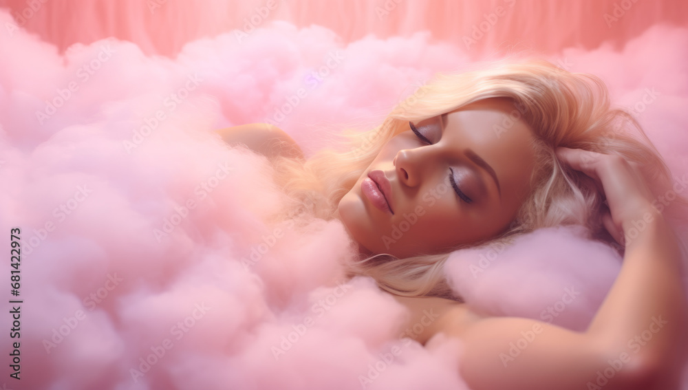 Beautiful blond haired woman laid on a bed of cotton candy, sweet dreams concept. Dreaming and comfort.