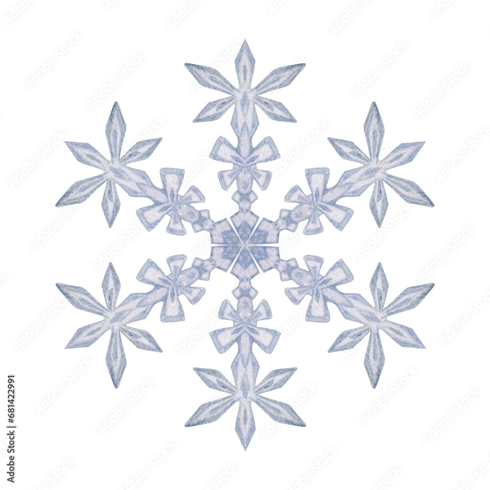 Hand drawn watercolor blue and silver snowflakes, water ice crystal frozen in winter. Illustration, single object isolated on white background. Design for holiday poster, print, website, card, booklet