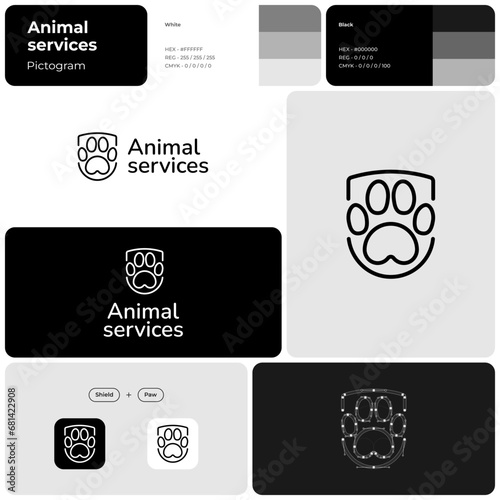 Pet sitting service monochrome line business logo. Brand name. Professional expertise value. Paw print and shield simple icon. Design element. Visual identity. Nunito font used. Suitable for website