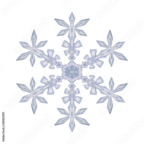 Hand drawn watercolor blue and silver snowflakes  water ice crystal frozen in winter. Illustration  single object isolated on white background. Design for holiday poster  print  website  card  booklet