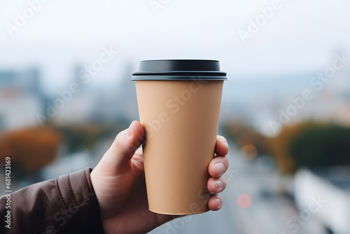 Man's hand holding brown disposable coffee cup with blurry city in background photo