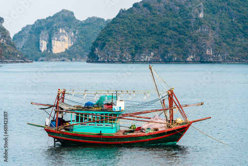 Traditional fishing boat on Halong Bay, Vietnam