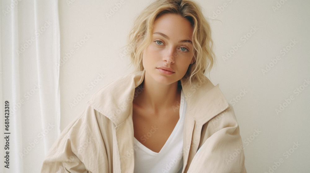 Portrait of a beautiful woman with blond hair in a beige. Portrait of a beautiful woman with blond hair in a beige.