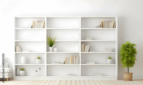 White shelves with white books and decor, light white interior of living room or cabinet in house. Generative AI photo
