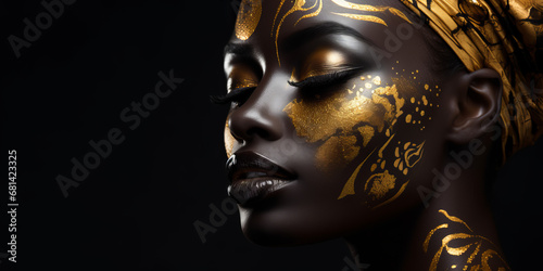 Beautiful black woman with golden makeup on her face  in the style of bio-art. Studio portrait high fashion  isolated background