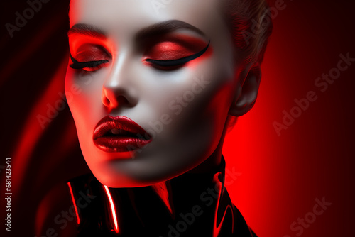 A beautiful woman with red hair and a golden suit portrait of makeup for beauty photo shoot, in the style of futuristic pop, shiny, high gloss, monochromatic shadows, contemporary shiny. glossy
