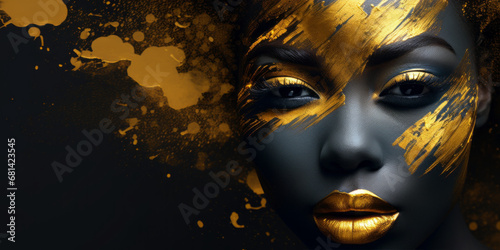 Beautiful black woman with golden makeup on her face, in the style of bio-art. Studio portrait high fashion, isolated background photo