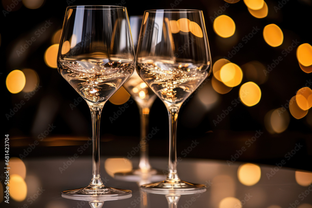 Glasses of champagne on against blurred background with festive bokeh. Christmas party celebration Glasses of champagne on against blurred background with festive bokeh. Christmas party celebration