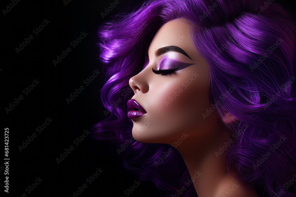 Naklejka premium A beautiful model in with purple hair and elegant makeup, in the style of shimmering, luminous palette, salon. Isolated studio background. Hair styling
