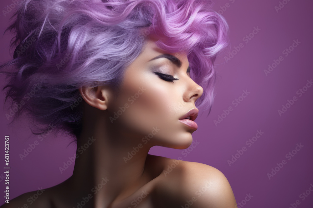 A beautiful model in with purple hair and elegant makeup, in the style of shimmering, luminous palette, salon. Isolated studio background. Hair styling