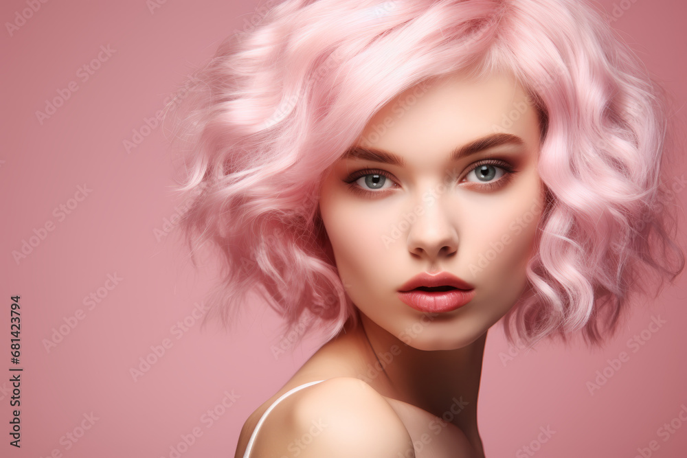 A beautiful blonde model in pink makeup,, in the style pop fashion, light pink, salon. Isolated studio background. Hair styling A beautiful blonde model in pink makeup,, in the style pop fashion, light pink, salon. Isolated studio background. Hair styling