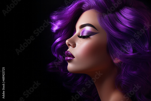 A beautiful model in with purple hair and elegant makeup, in the style of shimmering, luminous palette, salon. Isolated studio background. Hair styling photo