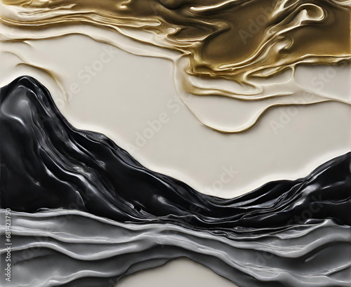Abstract fluid backdrop mixing gold, black and white paint effect acrylic artwork