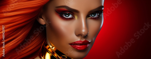 A beautiful woman with red hair and a golden suit portrait of makeup for beauty photo shoot, in futuristic pop, shiny, high gloss, monochromatic shadows, contemporary candy-coated, shiny. glossy