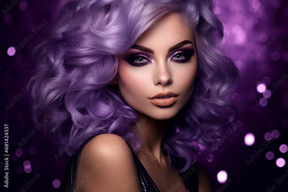 A beautiful model in with purple hair and elegant makeup, in the style of shimmering, luminous palette, salon. Isolated studio background. Hair styling