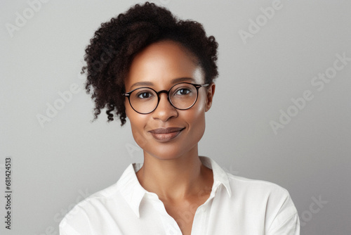 Young african american businesswoman in eyeglasses on grey background.