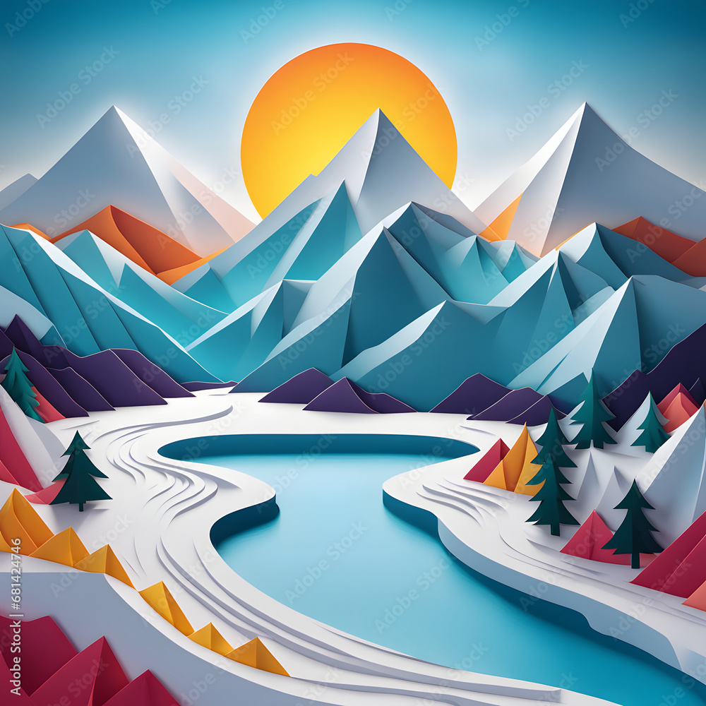 Rocky mountain range covered by snow in winter with river at sunrise in paper cut style as a snowy nature landscape background. Rocky mountain range covered by snow in winter with river at sunrise in paper cut style as a snowy nature landscape background.