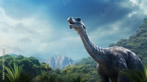Portrait of Brachiosaurus against ancient forest background with space for text  AI generated  background image