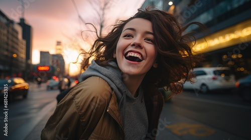 Radiant young woman with flowing hair laughing heartily on a city street at dusk, with warm bokeh lights providing a joyful atmosphere. AI generated © qntn