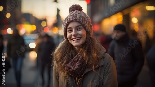 Radiant young woman with flowing hair laughing heartily on a city street at dusk, with warm bokeh lights providing a joyful atmosphere. AI generated © qntn