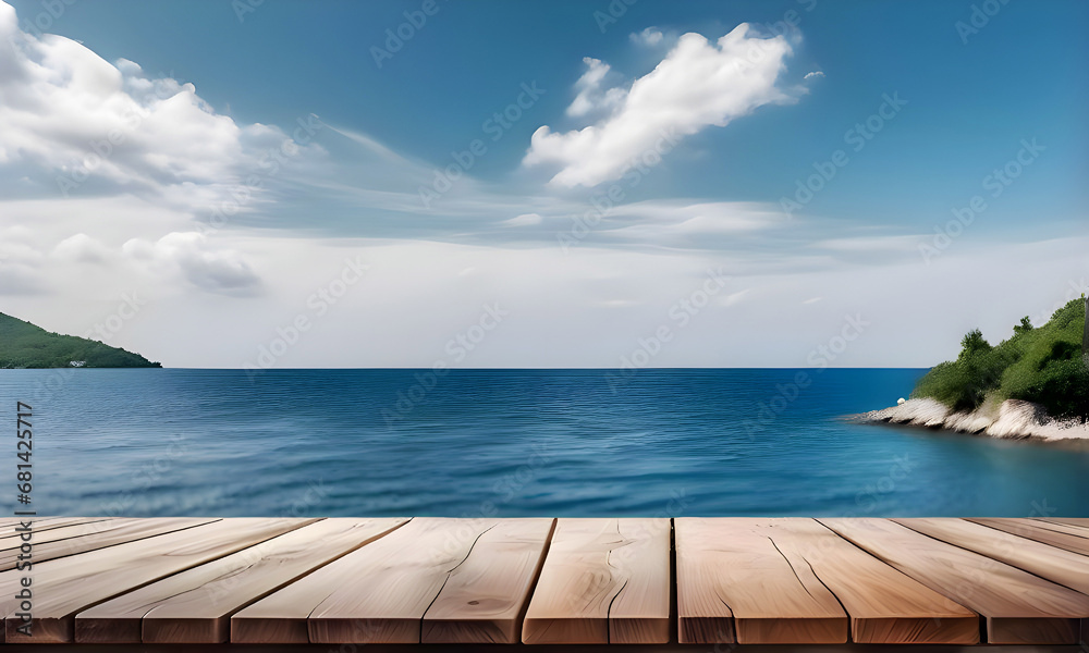 Close up empty wooden table tropical sea background. Copy space. Outdoor nature backdrop.