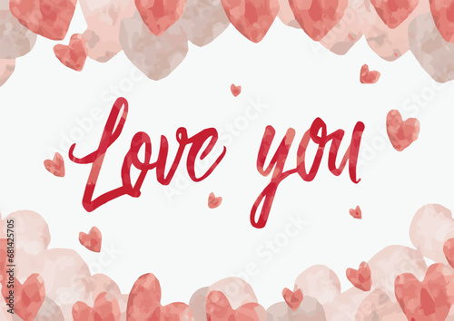 vector Illustration red text love you, heart shaped frame on white background, watercolor style