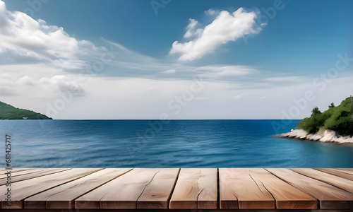 Close up empty wooden table tropical sea background. Copy space. Outdoor nature backdrop.