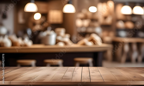 Empty wooden table, smooth surface with free space and background of baker photo