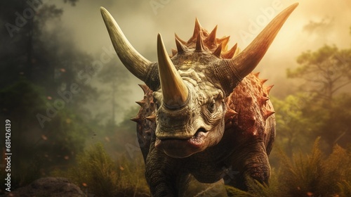 Portrait of Triceratops against ancient forest background with space for text, AI generated, background image © Hifzhan Graphics