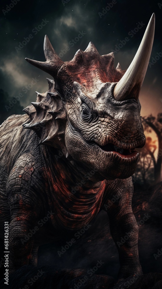 Portrait of Triceratops against ancient forest background with space for text, AI generated, background image