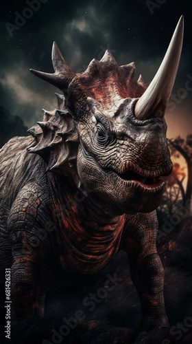Portrait of Triceratops against ancient forest background with space for text, AI generated, background image
