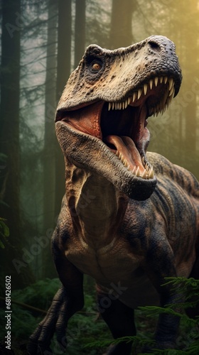 Portrait of Tyrannosaurus-rex against ancient forest background with space for text  AI generated  background image