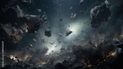 An asteroid field tumbling in the vacuum of space  AI generated illustration photo
