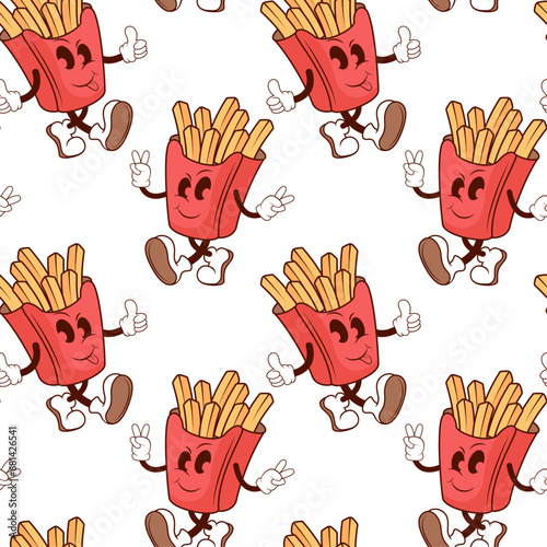 fast food seamless pattern with french fries, french fries with ketchup, ketchup. vector illustration on white background.