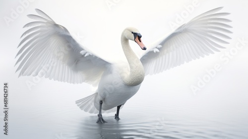 An elegant portrayal of a swan gracefully flying mid-air against a flawless white backdrop AI generated illustration