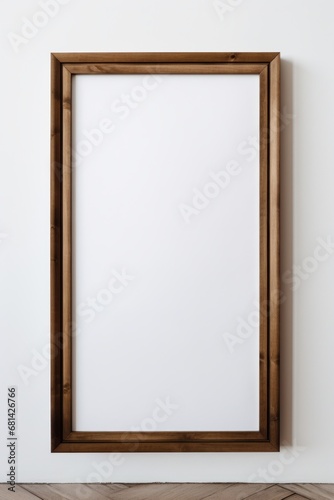 An empty wooden frame on a white wall AI generated illustration