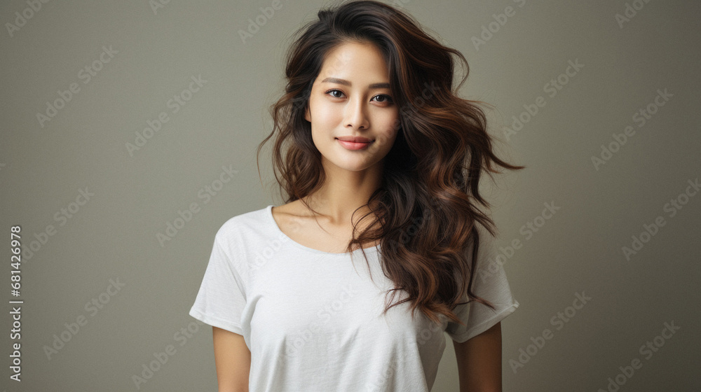 Beautiful asian woman in white t-shirt on gray background. Beautiful asian woman in white t-shirt on gray background.