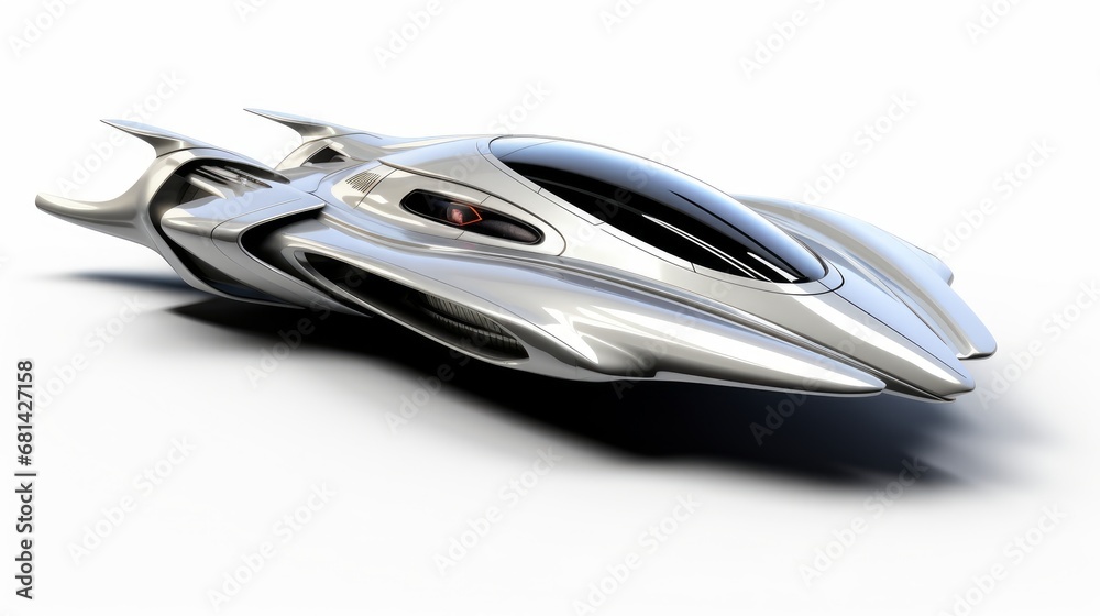 An ultramodern spaceship in a sleek silver design hovering isolated on a white background AI generated illustration An ultramodern spaceship in a sleek silver design hovering isolated on a white background AI generated illustration