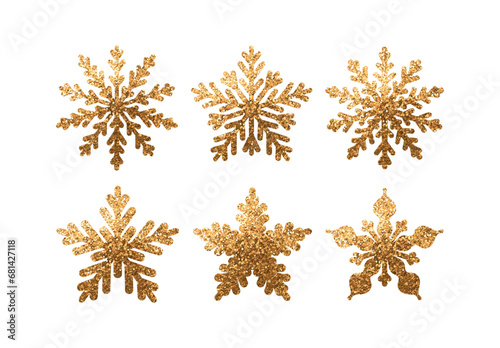 Set of Golden snowflakes in glitter of gold. Collection of decorative elements for the Christmas holiday. Vector illustration
