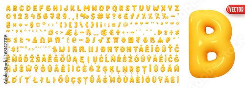 Multilingual font complete with all symbols and signs and numbers. Font realistic 3d design plastic cartoon style, yellow colors. Language support French, German. Vector illustration